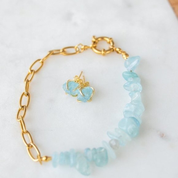 BUNDLE GENUINE AQUAMARINE Stud Earrings & Aquamarine Bracelet non-tarnish Gold - Picture 14 of 15